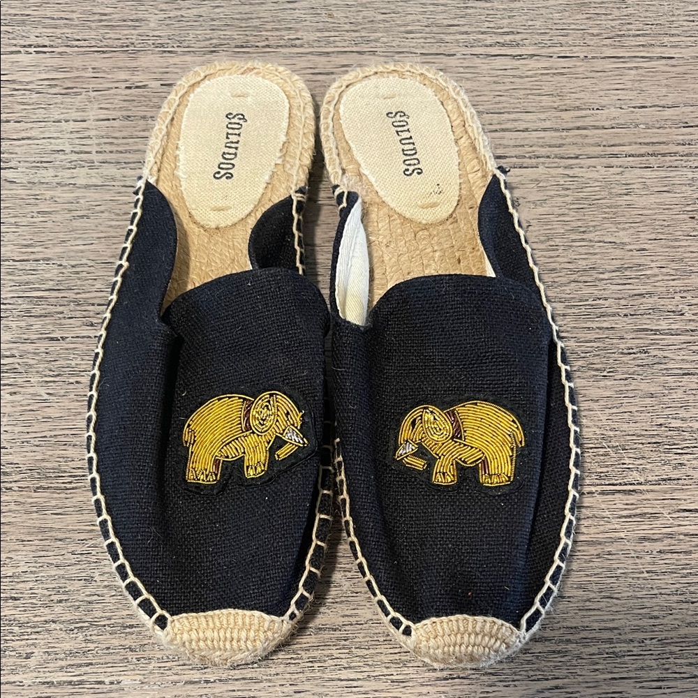 Soludos Black Flat Golden Elephant Espadrille‎ Jute Slip On Shoes | Size 7
